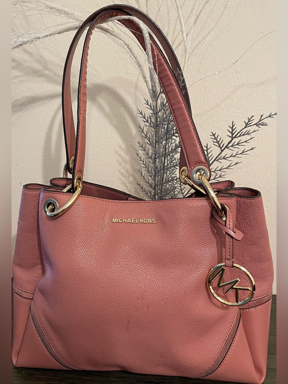 Michael Kors Rose Pink Leather Shoulder Tote with Gold Hardware